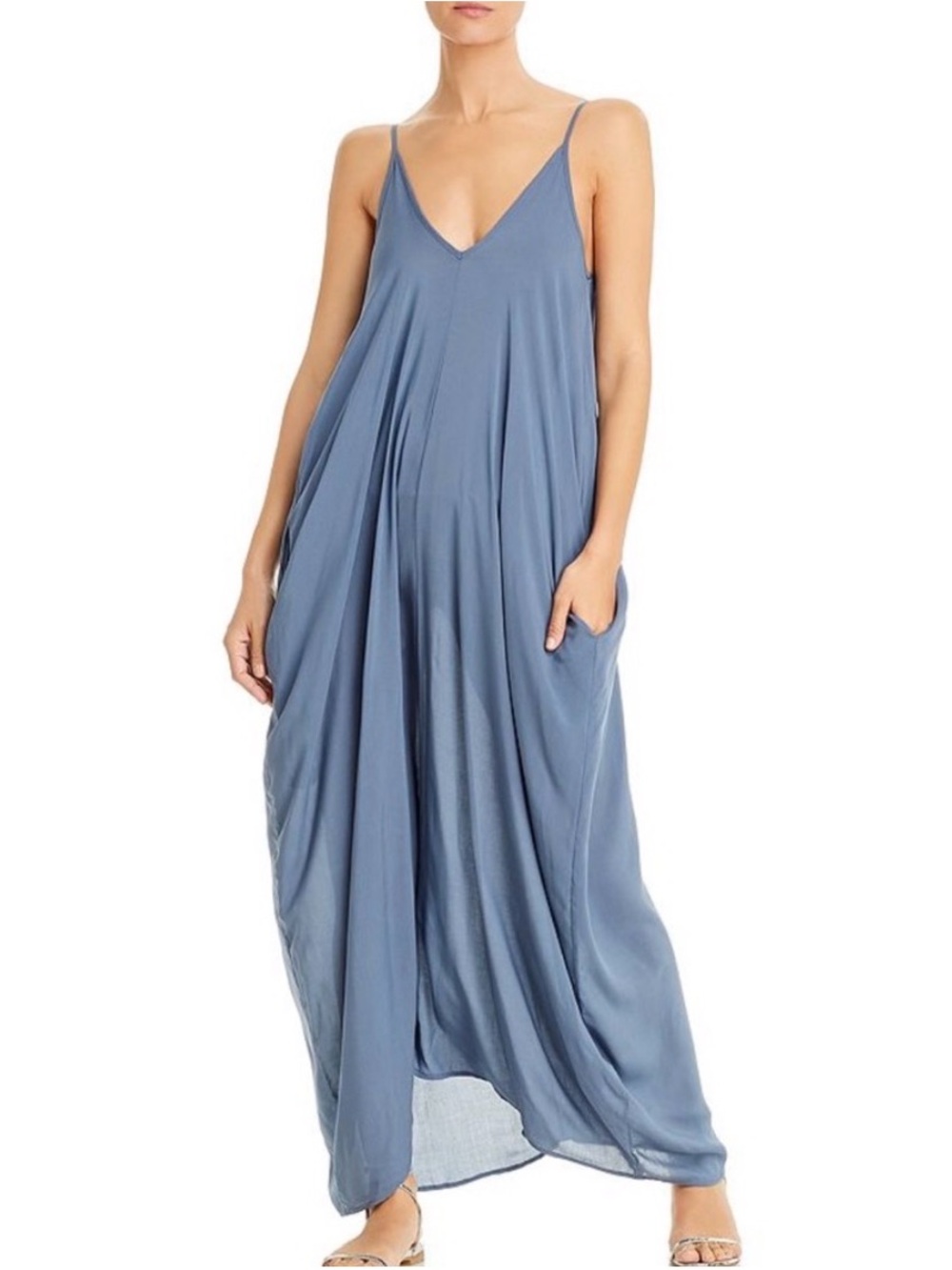 Elan V Neck Maxi Dress Swimsuit Beach Coverup Denim Blue Size XS Housedress Mumu